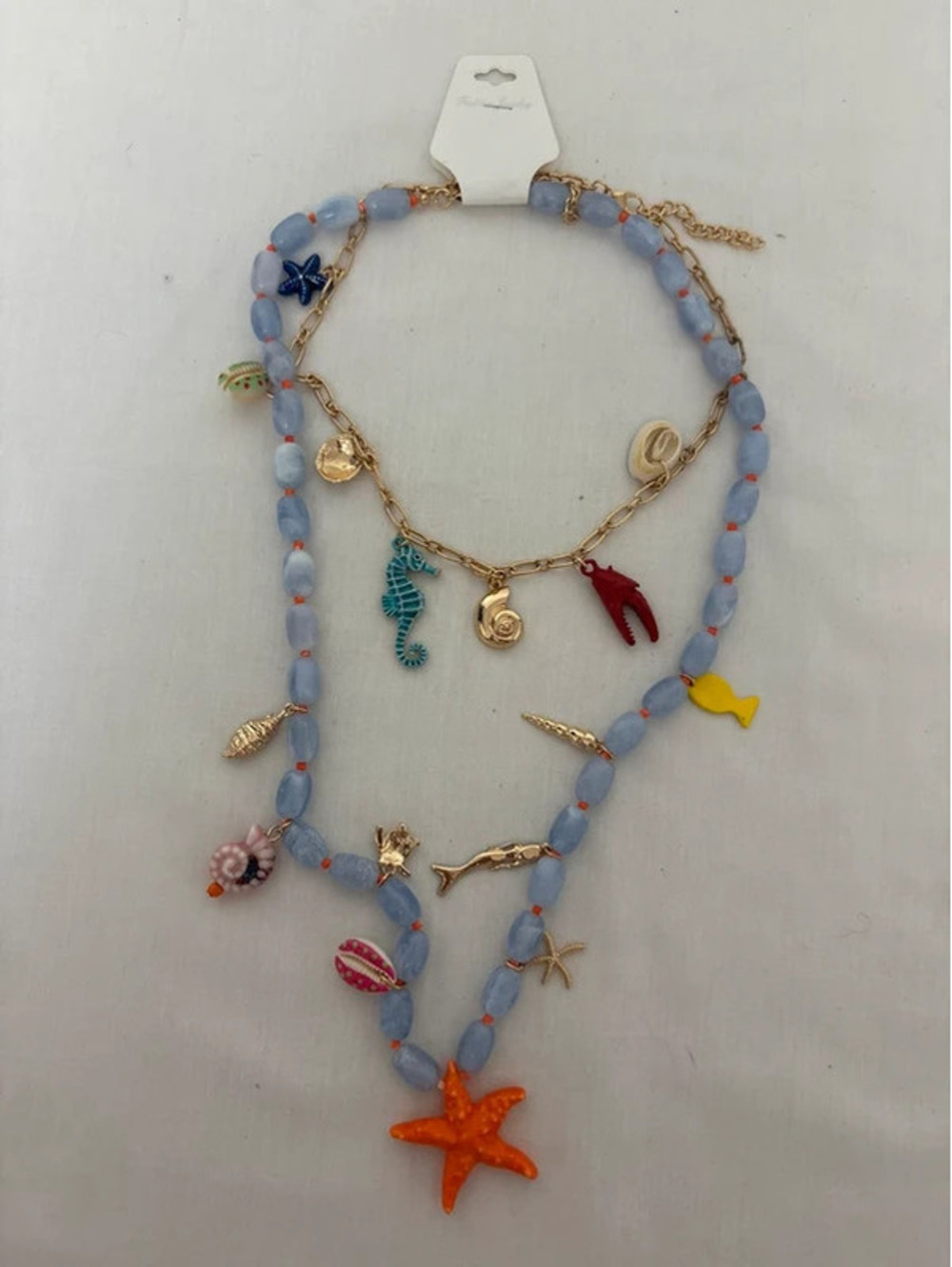 Coastal Ocean Charm Layered Necklace Set Starfish Seashell Seahorse Blue Beads